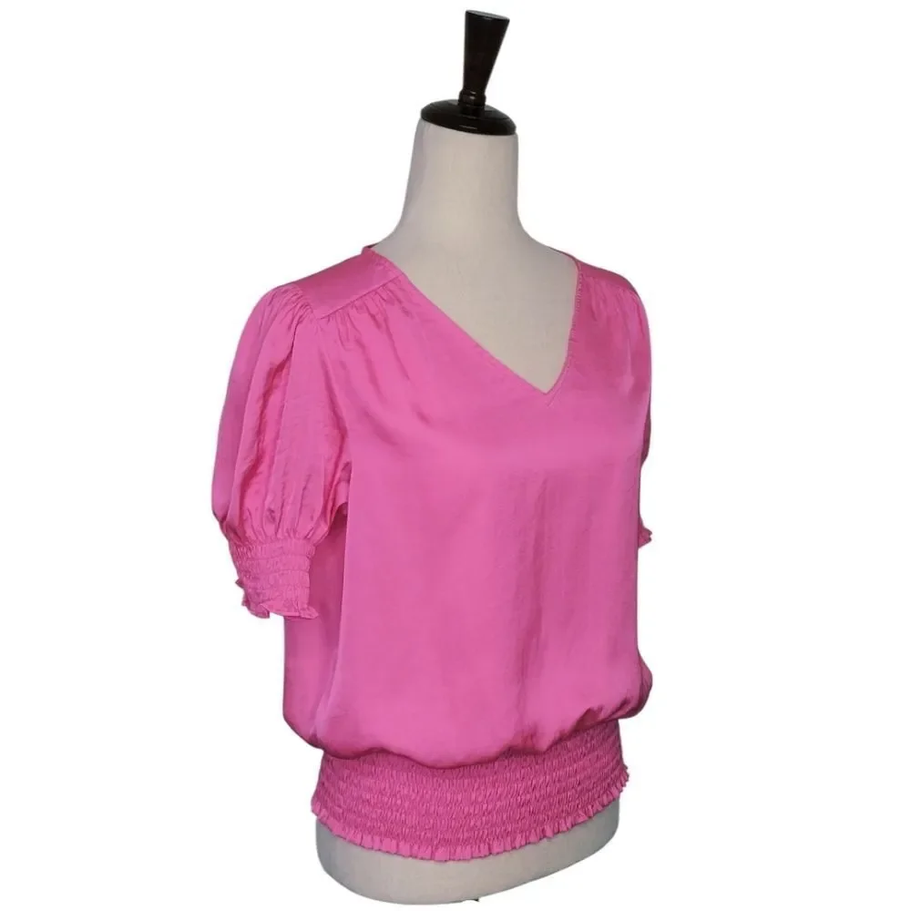 Philosophy Republic Pink V-neck Short Puff Sleeve Smocked Blouse Size M